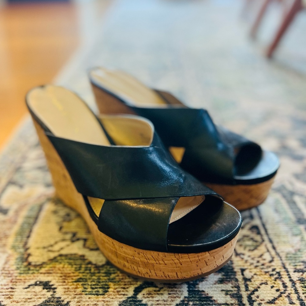 Via Spiga Black Leather Cork Wedge Sandals sz 10